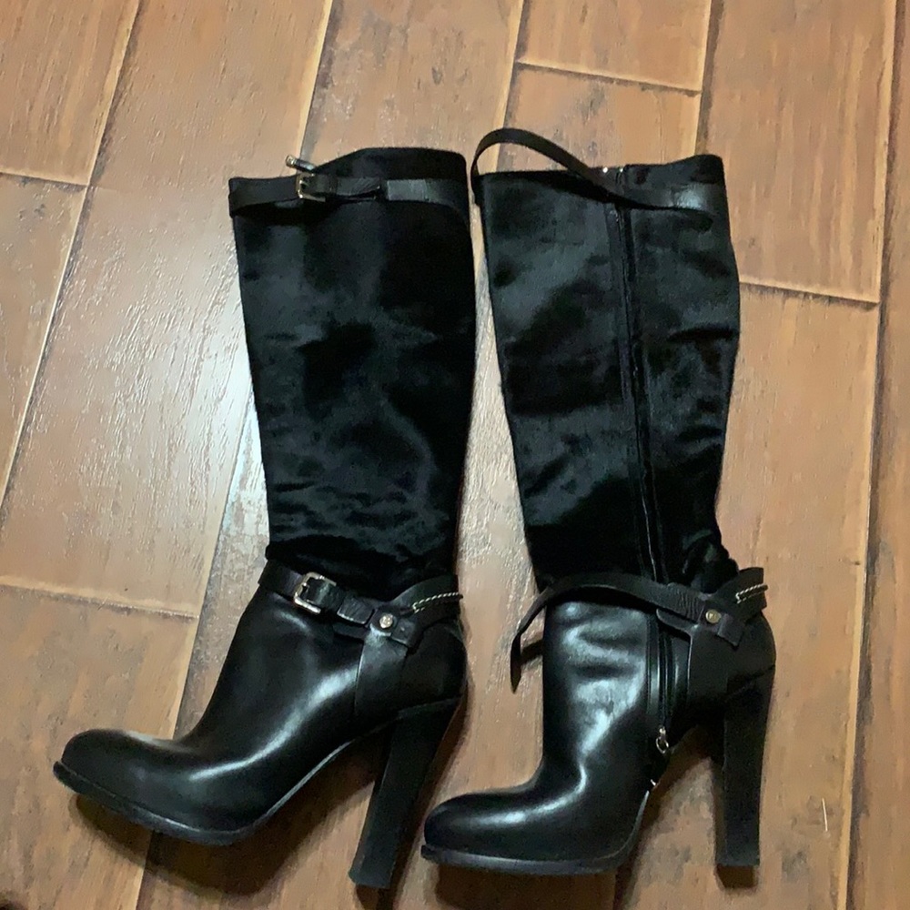 RALPH LAUREN hair-on-hide black leather tall high heel boots
